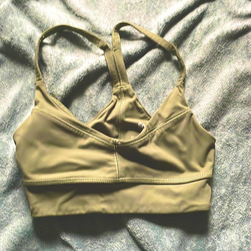 Small, low coverage sports bra, muted green color, SO brand
